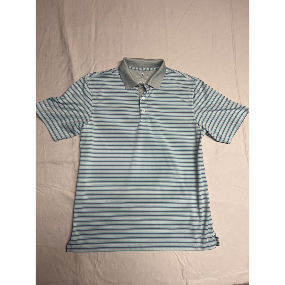 Southern Shirt Mens Performance Polo Blue Striped Short Sleeve Stretch Size S